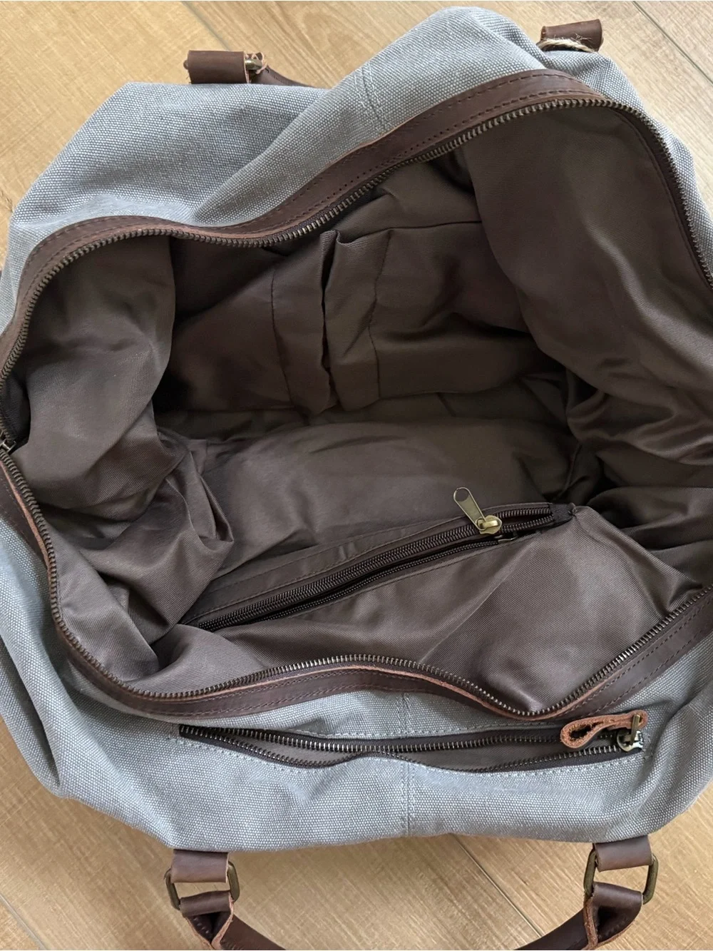 Gray Canvas Duffel Bag with Brown Leather Trim - Classic Travel Weekender